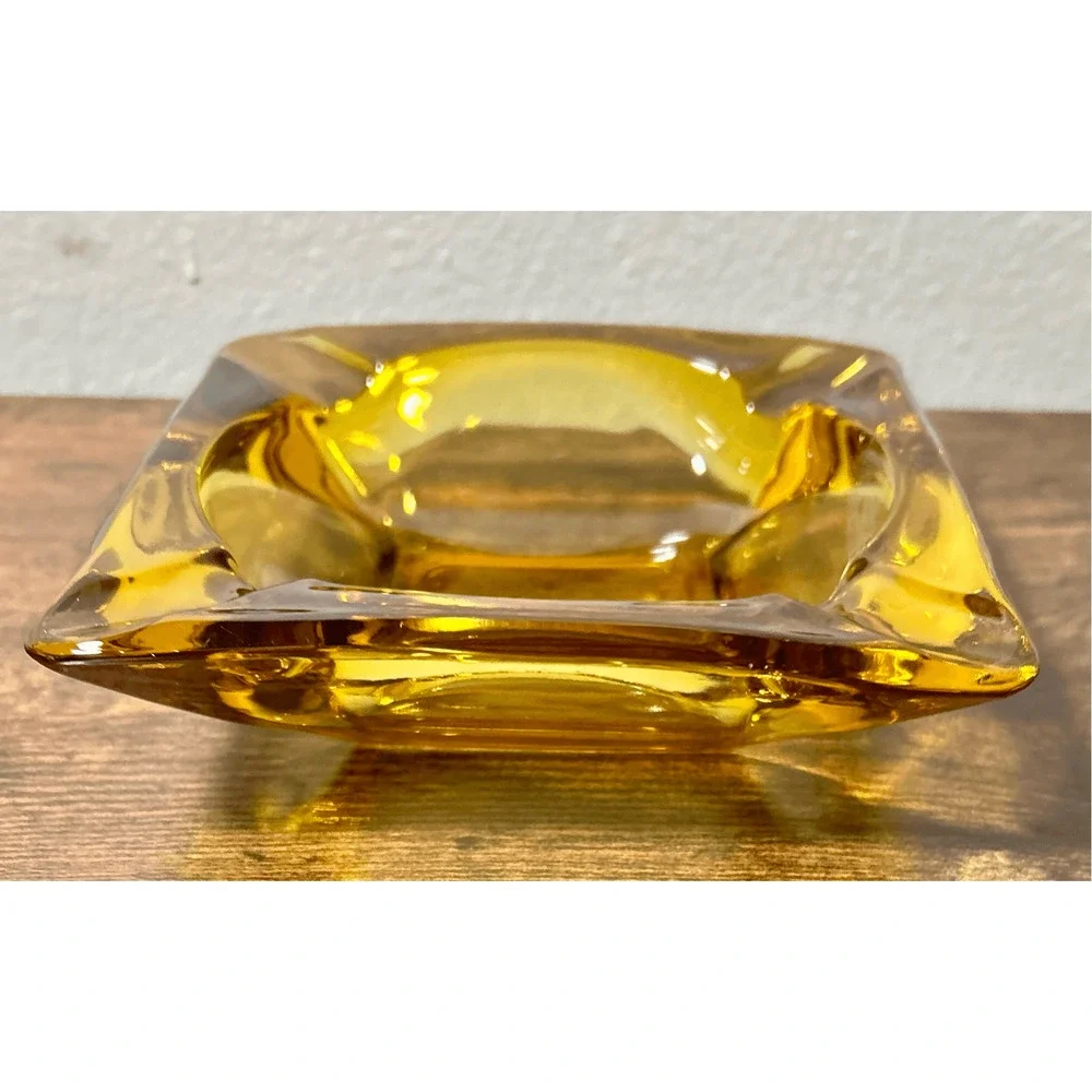 Vintage Mid 20th Century Clear Amber Glass Square Ashtray 6”